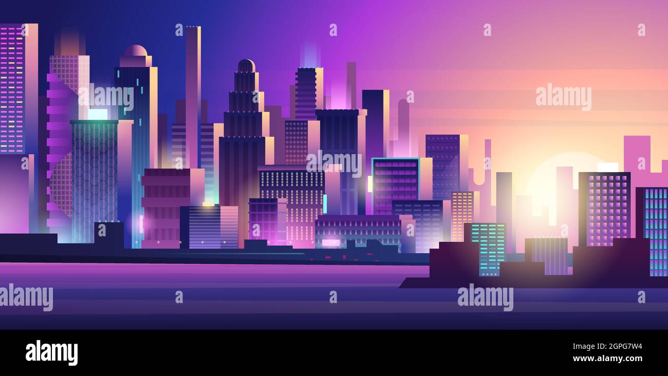 Ville cyberpunk. Éclairage au néon paysage urbain violet coloré foncé futuriste ville vecteur arrière-plan Illustration de Vecteur