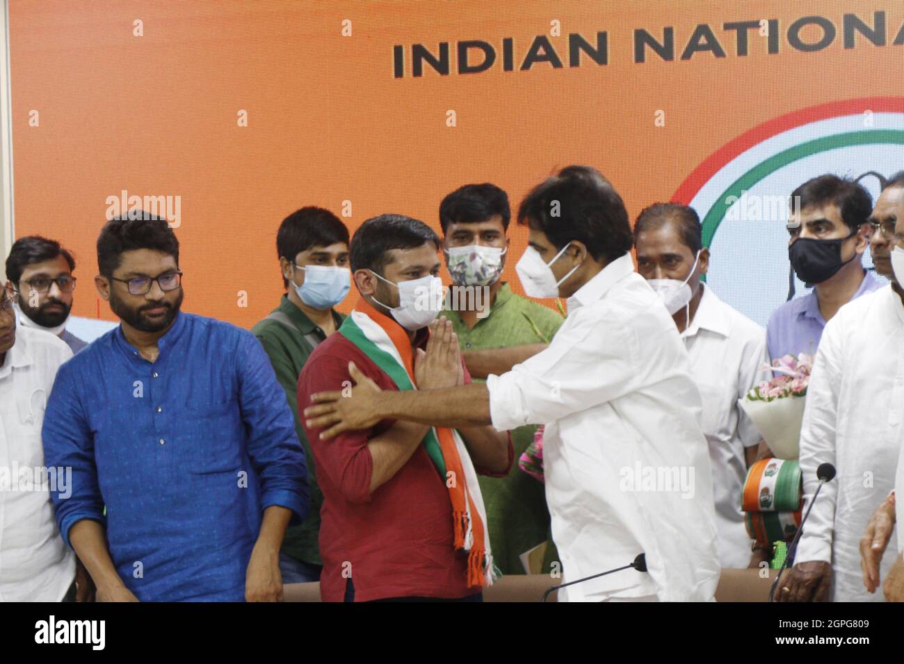 New Delhi, Inde. 28 septembre 2021. Kanhaiya Kumar l'ancien dirigeant de l'IPC rejoint le parti du Congrès à tous les sièges du Comité du Congrès de l'Inde à New Delhi, Inde, le mardi 28 septembre 2021. Photo par Anshuman Akash/ABACAPRESS.COM crédit: Abaca Press/Alay Live News Banque D'Images