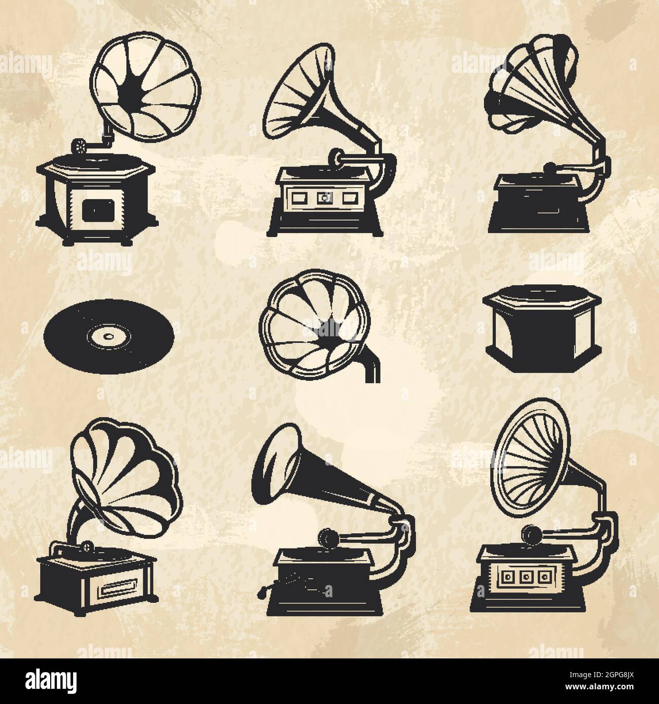 Collection de gramophones. Vintage radio musique symboles vinyle disques vecteur images ensemble Illustration de Vecteur