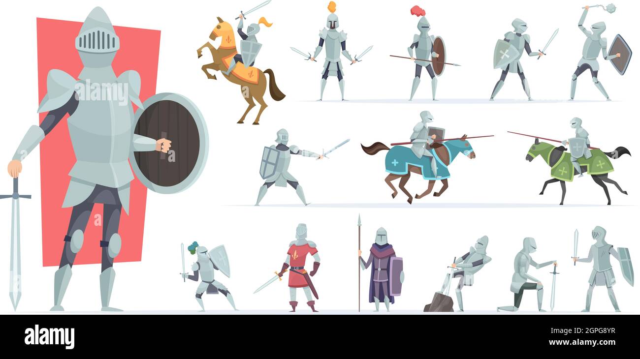 Chevaliers. Les guerriers médiévaux en action posent des chevaliers blindés personnages vectoriels dans un style de dessin animé Illustration de Vecteur