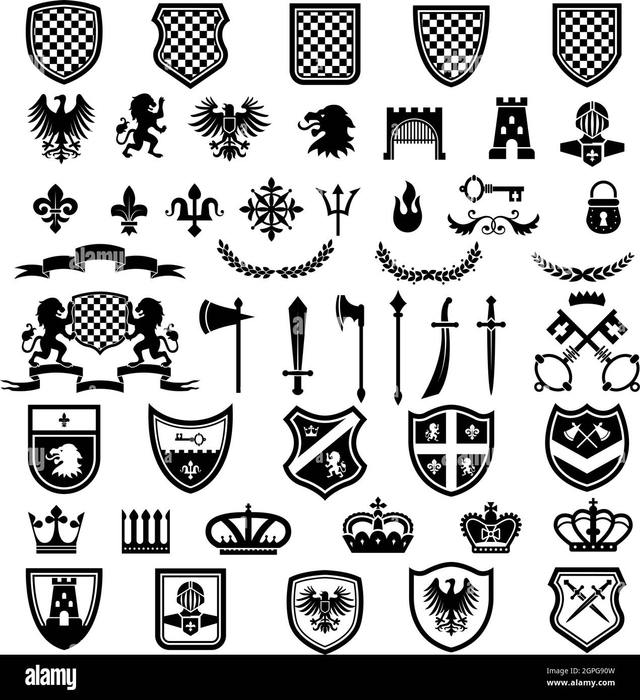 Badges médiévaux. Collection d'emblèmes héraldiques avec silhouettes de rubans armes chevalier couronnes lions épées ensemble de vecteurs Illustration de Vecteur