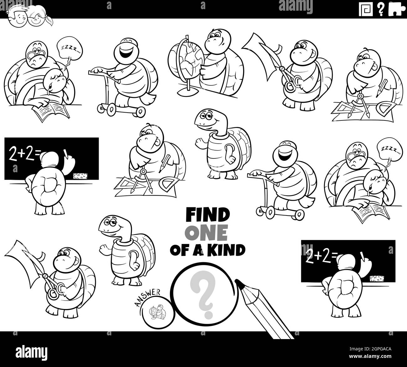 une tâche de genre avec la page de livre de coloriage de tortues de bande dessinée Illustration de Vecteur