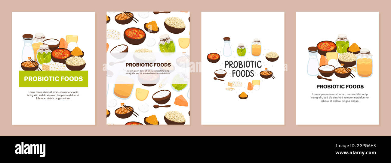 Ensemble de fonds avec des aliments probiotiques. Meilleures sources de probiotiques. Les bactéries bénéfiques améliorent la santé. Les dessins sont pour la brochure, le menu, la brochure publicitaire, le livret sur les régimes alimentaires, saine alimentation appropriée Illustration de Vecteur