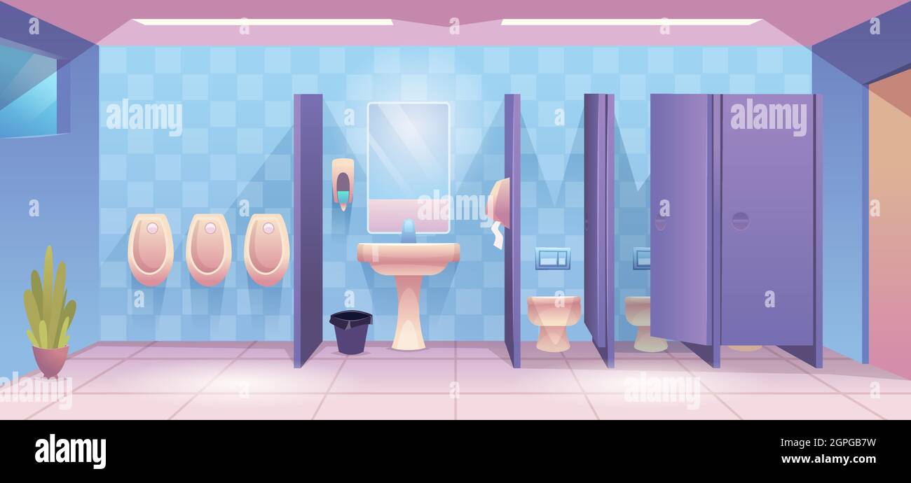 toilettes publiques. Nettoyage vide salle wc pour homme et femme nettoyer toilettes intérieur vecteur dessin animé fond Illustration de Vecteur