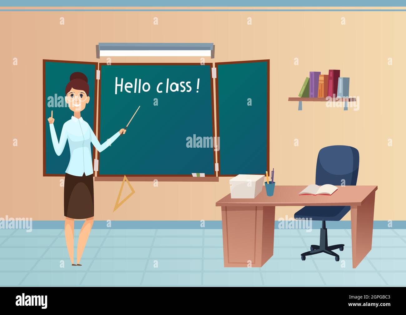 Retour à l'école. Professeur au tableau noir. Bonne femme de dessin animé en salle de classe illustration vectorielle Illustration de Vecteur