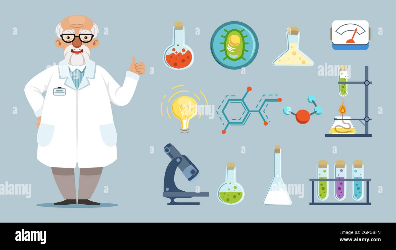 Caricature scientifique. Éléments de laboratoire chimique, équipement, microscope et béchers. Illustration joyeuse du vecteur chimiste Illustration de Vecteur