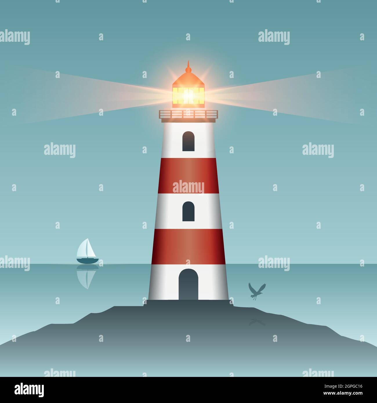 phare brillant au coucher du soleil avec des oiseaux volants Illustration de Vecteur