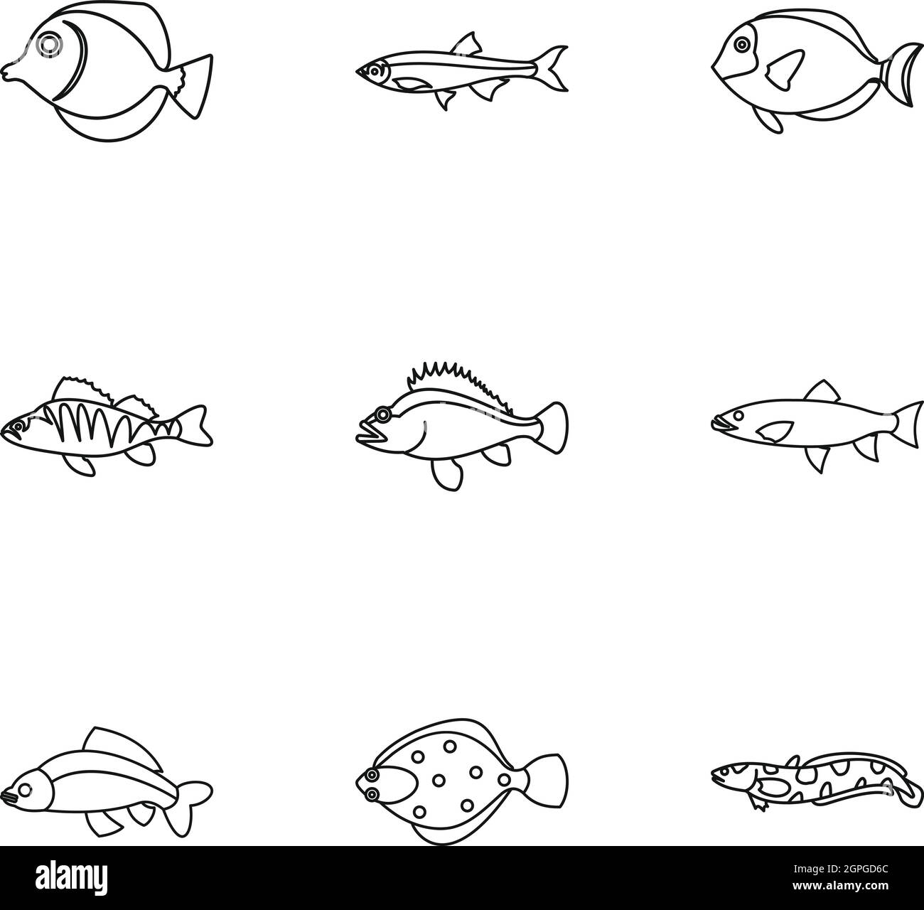 Poissons de l'océan, l'ensemble des icônes de style contour Illustration de Vecteur
