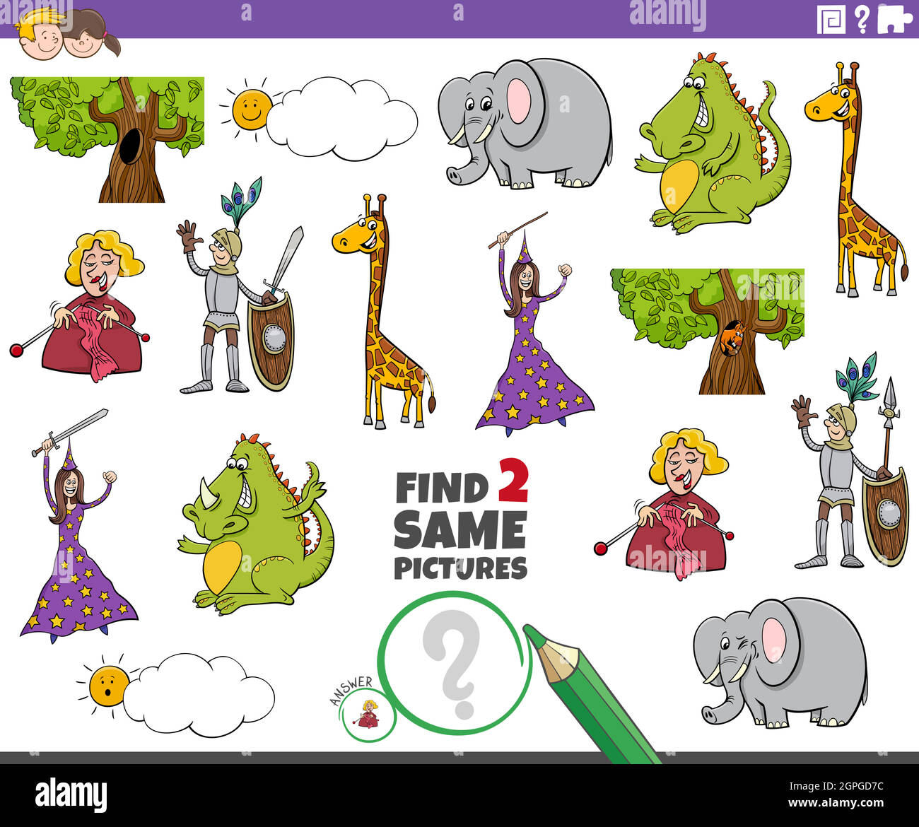 trouvez deux personnages comiques identiques jeu éducatif Illustration de Vecteur