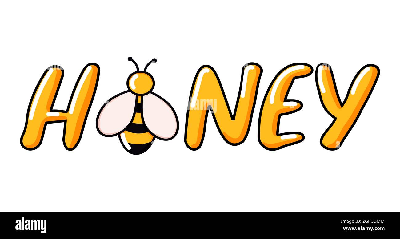 Miel texte Doodle lettrage vecteur illustration ruche dessinée dans le style de dessin animé. Lettrage simple de style caniche manuscrite. Miel naturel d'abeille biologique. Lettres isolées sur fond blanc. Illustration de Vecteur