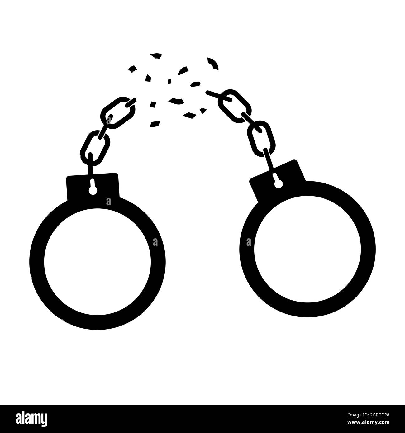 Icône de menottes cassée. Concept de liberté. Symbole vectoriel de la reprise humaine. Illustration de silhouette isolée sur blanc. Illustration de Vecteur