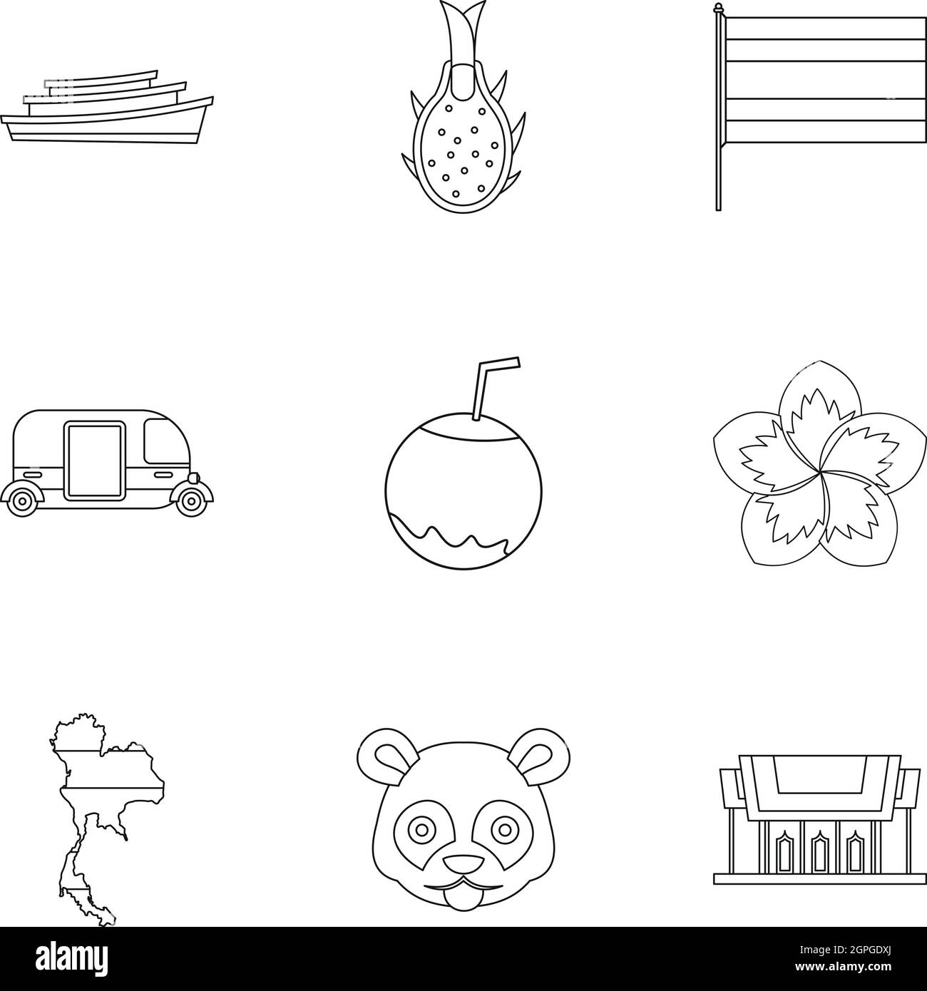 Le tourisme en Thaïlande, l'ensemble des icônes de style contour Illustration de Vecteur