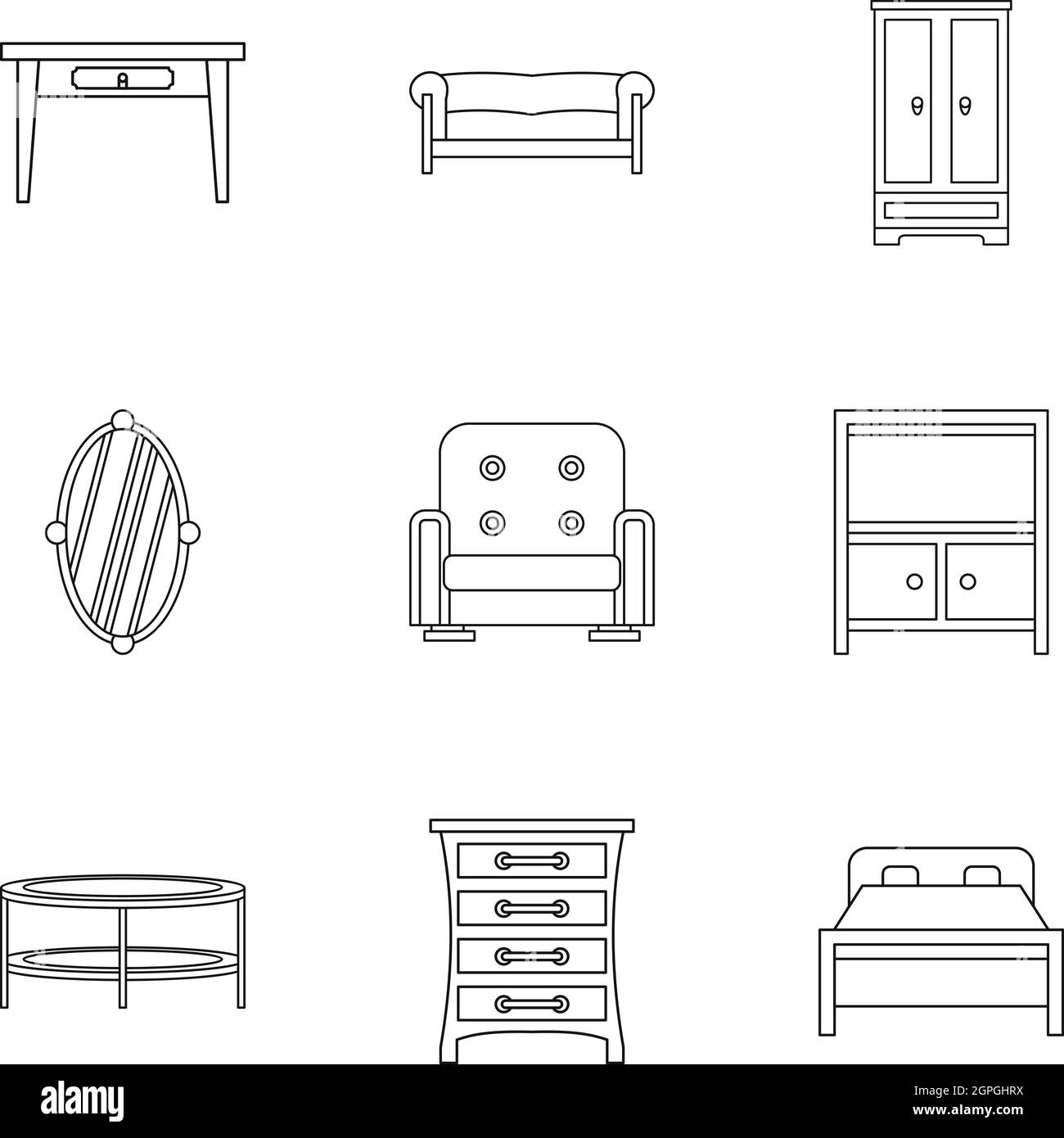 Type de meubles, style contour icons set Illustration de Vecteur