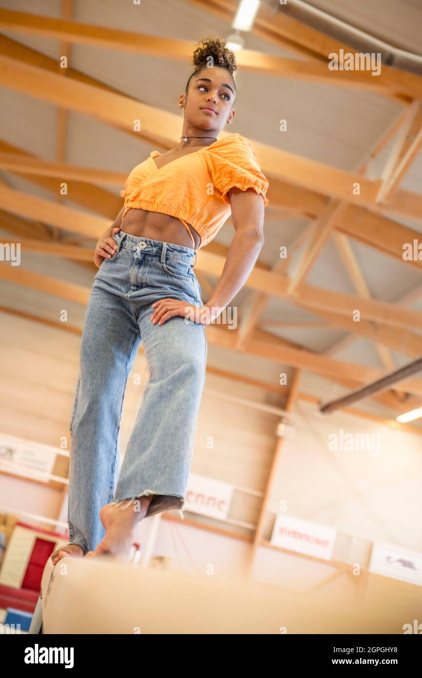 France, Loire, Saint Etienne, gymnaste Mélanie de Jésus dos Santos en formation au pôle Gym France, complexe de gymnastique Séraph Berland Banque D'Images