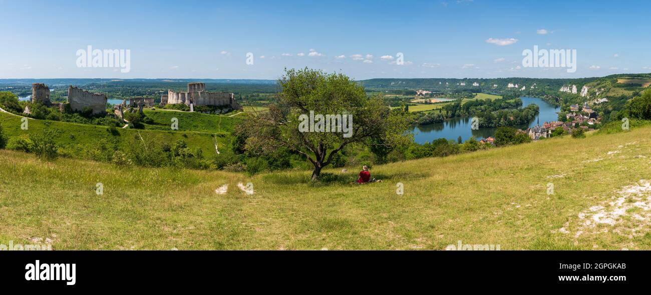 France, Eure, les Andelys, XIIe siècle Château Gaillard, château de Richard coeur de Lion, boucle de Seine en Vexin français, village d'Andelys, panorama Banque D'Images