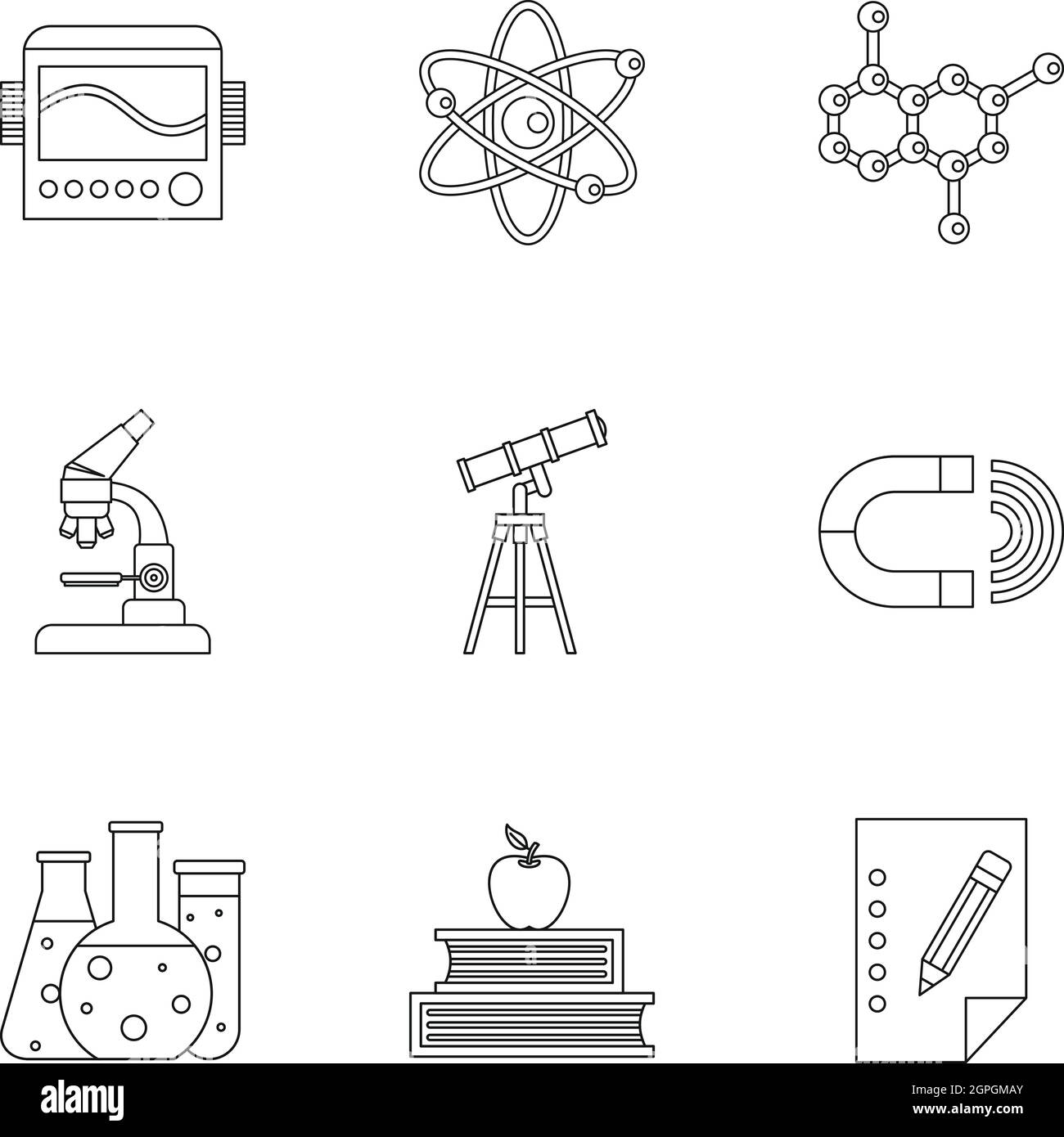 L'éducation scientifique icons set style du contour, Illustration de Vecteur