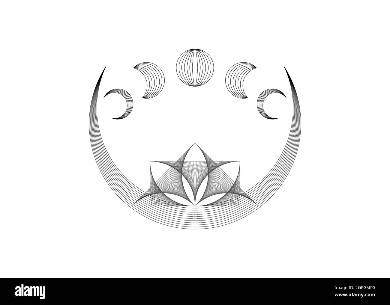 Lune du croissant de Lotus, phases de la fleur et de la lune du Lotus mystique, géométrie sacrée. Chaîne ligne noire filaire géométrique. Motif de logo d'art de fil vecteur isol Illustration de Vecteur
