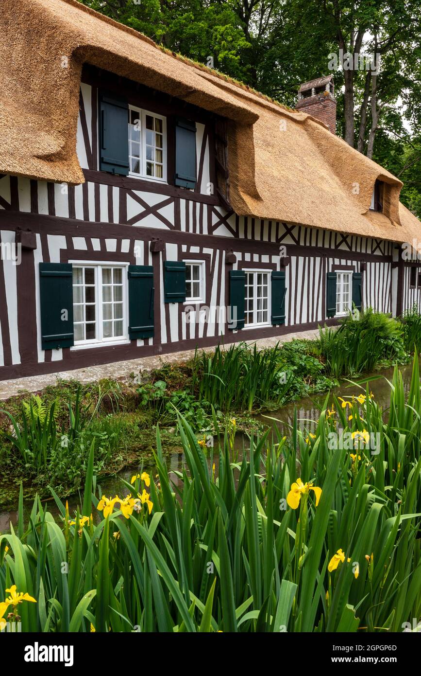 France, Seine Maritime, Pays de Caux, Cote d'Albatre (Côte d'Albâtre, Veules les Roses), Les Plus Beaux Villages de France, le village de Veules les Roses Veules est traversé par le célèbre fleuve, pour la courte durée de son cours (1100 m), chalet sur les rives de la Veules Banque D'Images