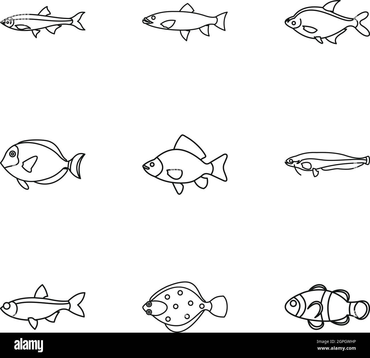Espèces de poissons icons set style du contour, Illustration de Vecteur