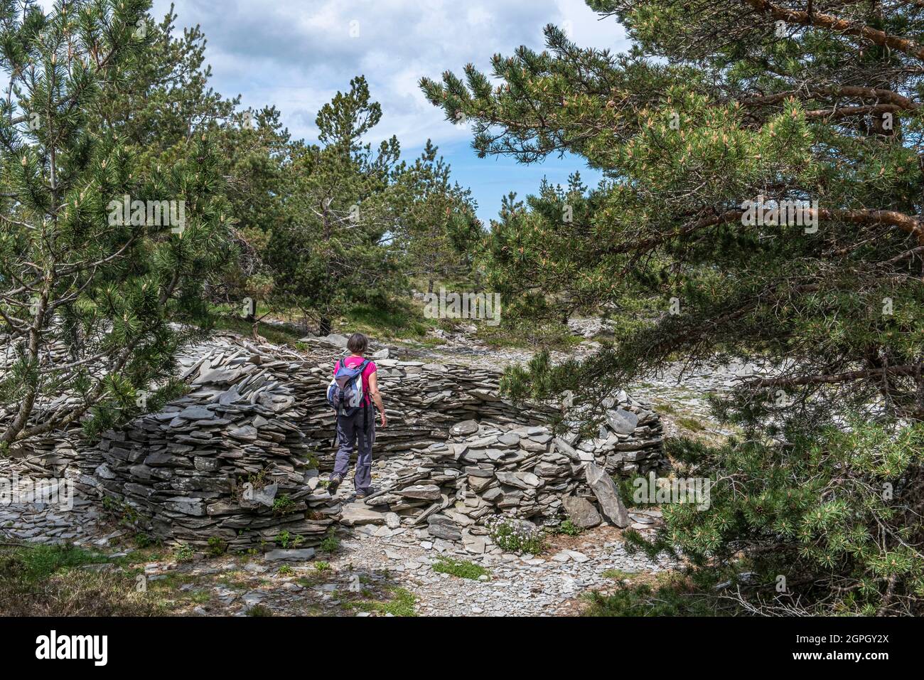 France, haute Loire, Parc naturel régional des Monts d'Ardeche (Parc naturel régional des Monts d'Ardeche), randonneurs autour du mont Signon et de son ancienne carrière d'ardoise Banque D'Images