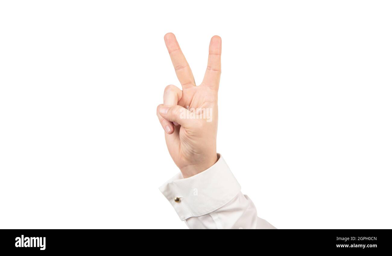 geste de paix de la main mâle isolée sur fond blanc, gestuelle Banque D'Images