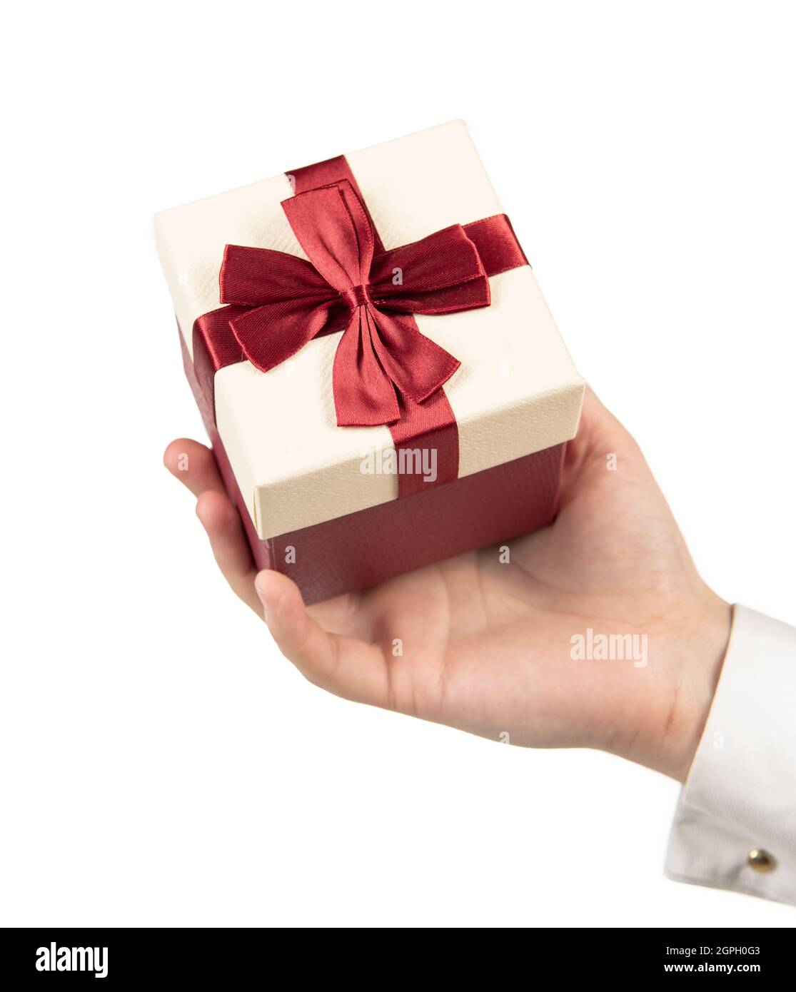 présenter la boîte à la main isolée sur fond blanc, shopping Banque D'Images