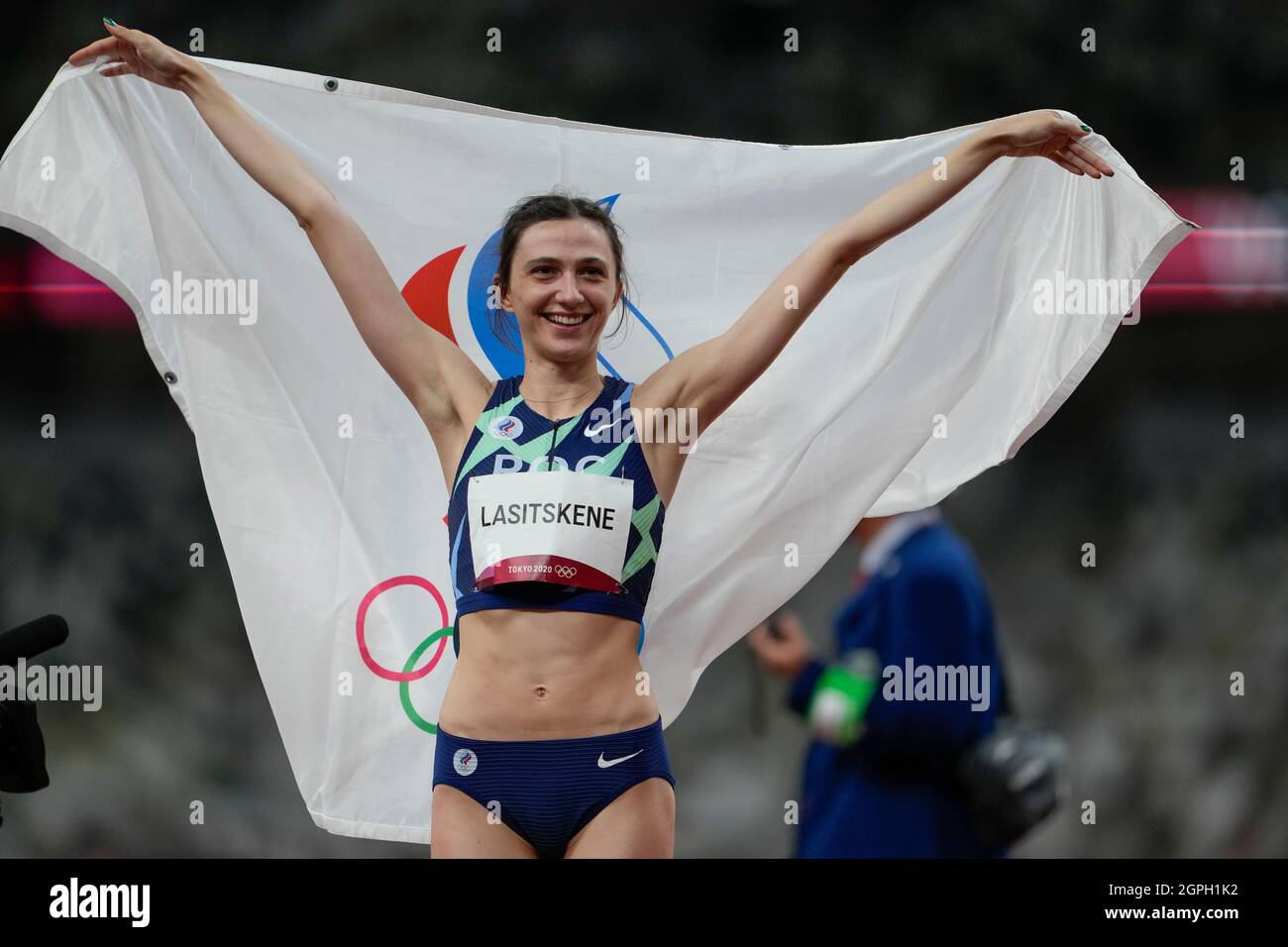 Mariya Lasitskene participant au saut en hauteur aux Jeux Olympiques de Tokyo en 2020. Banque D'Images