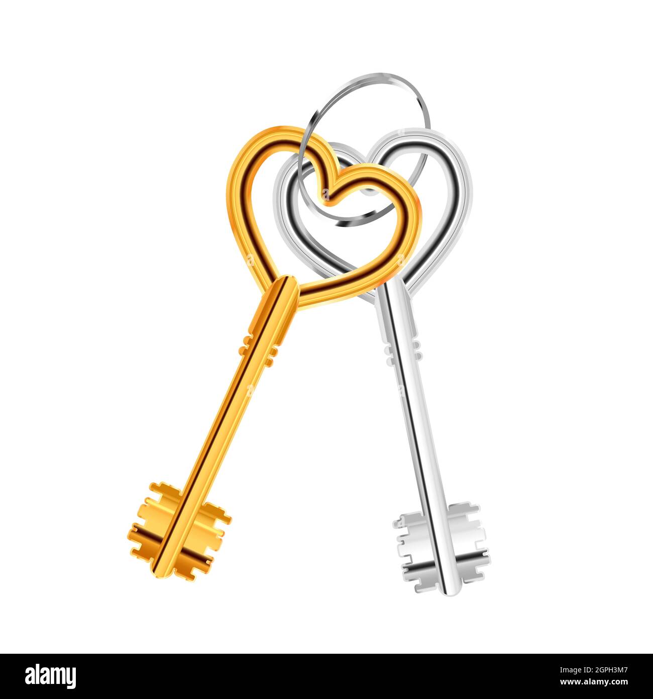 Couple d'anciennes clés de porte en forme de coeur sur anneau isolé sur blanc Illustration de Vecteur