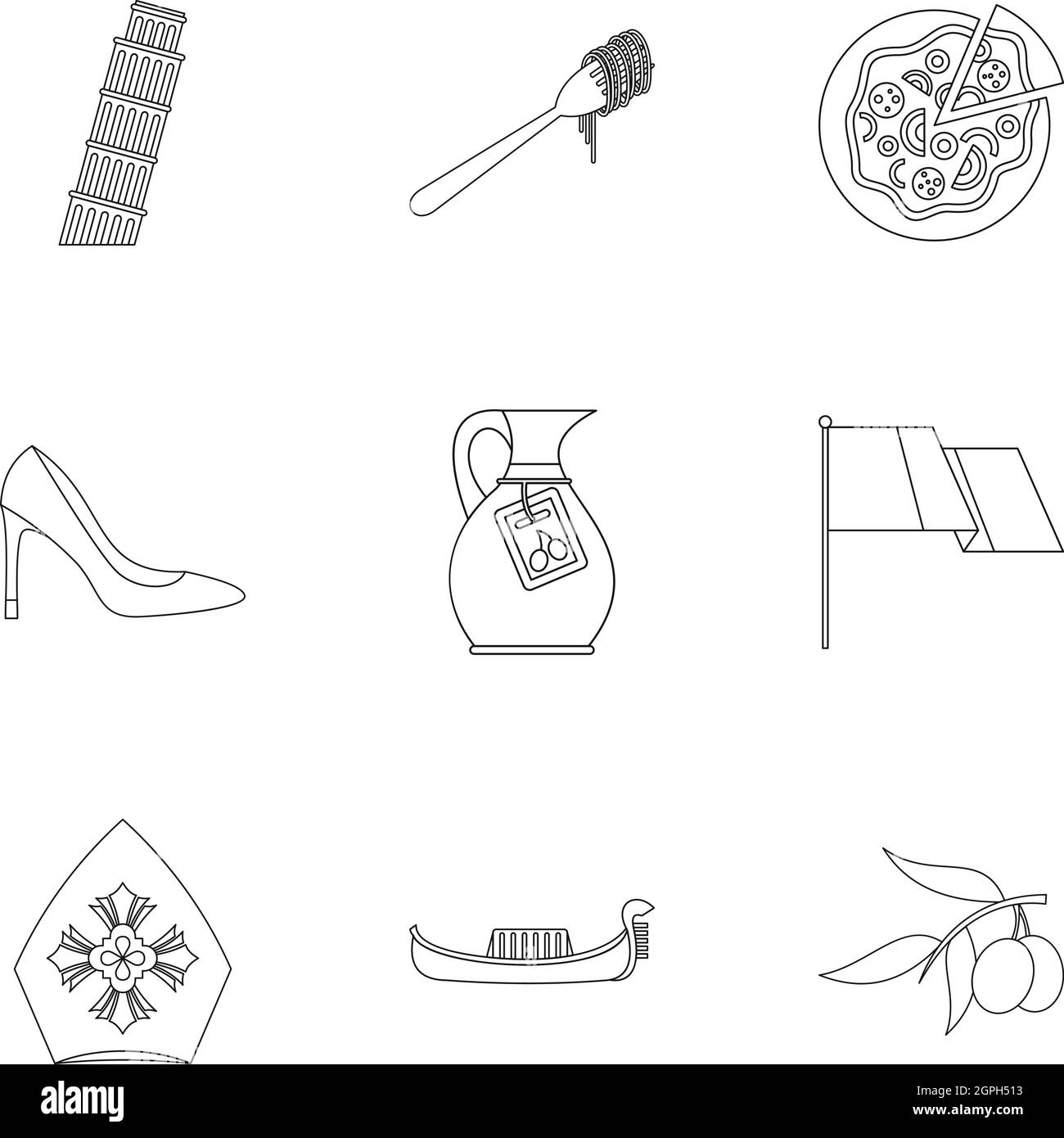 Tourisme en Italie icons set style du contour, Illustration de Vecteur