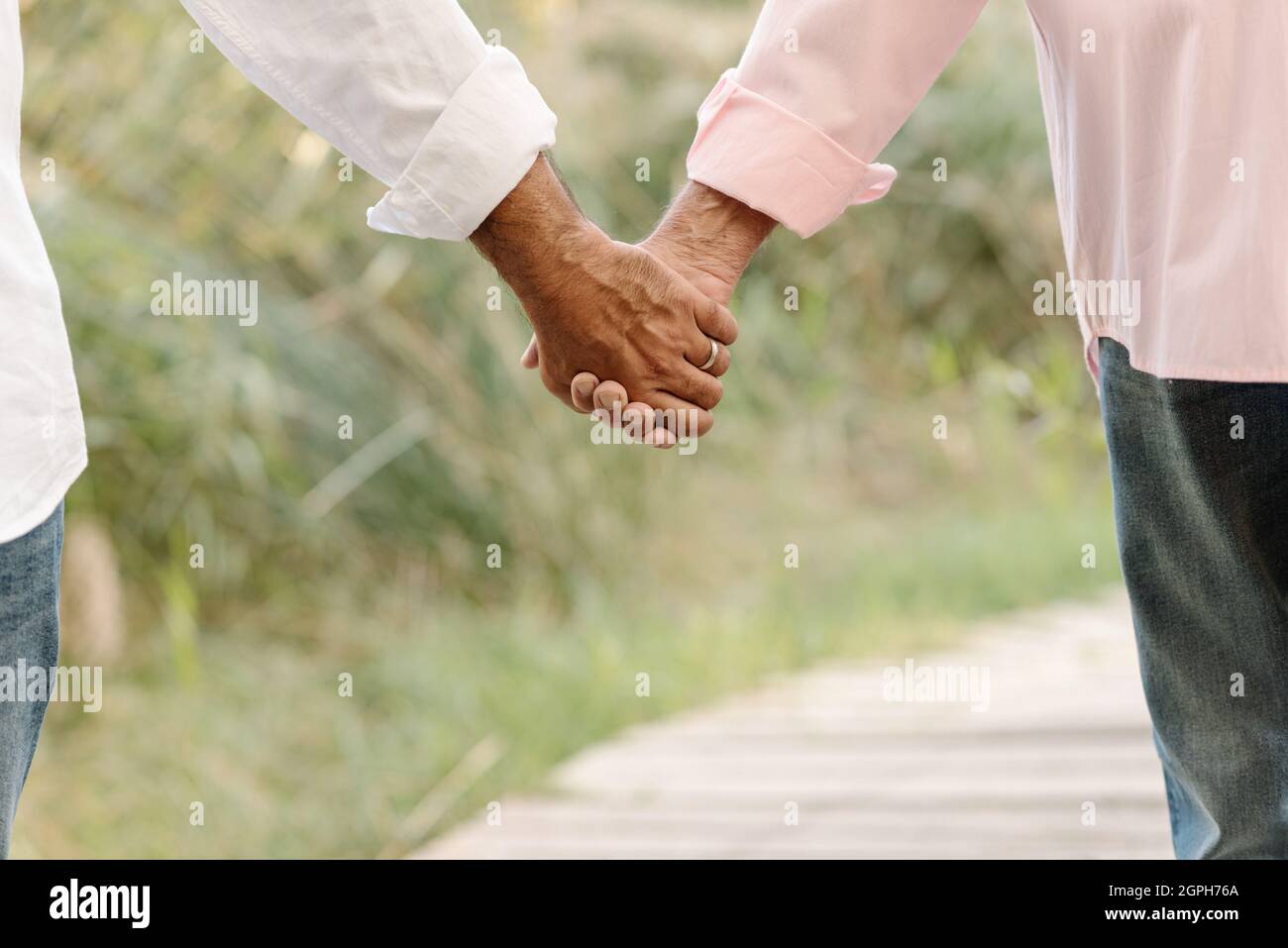 Heureux homme gay couple tenant les mains tout en appréciant une promenade ensemble dans la nature. Banque D'Images