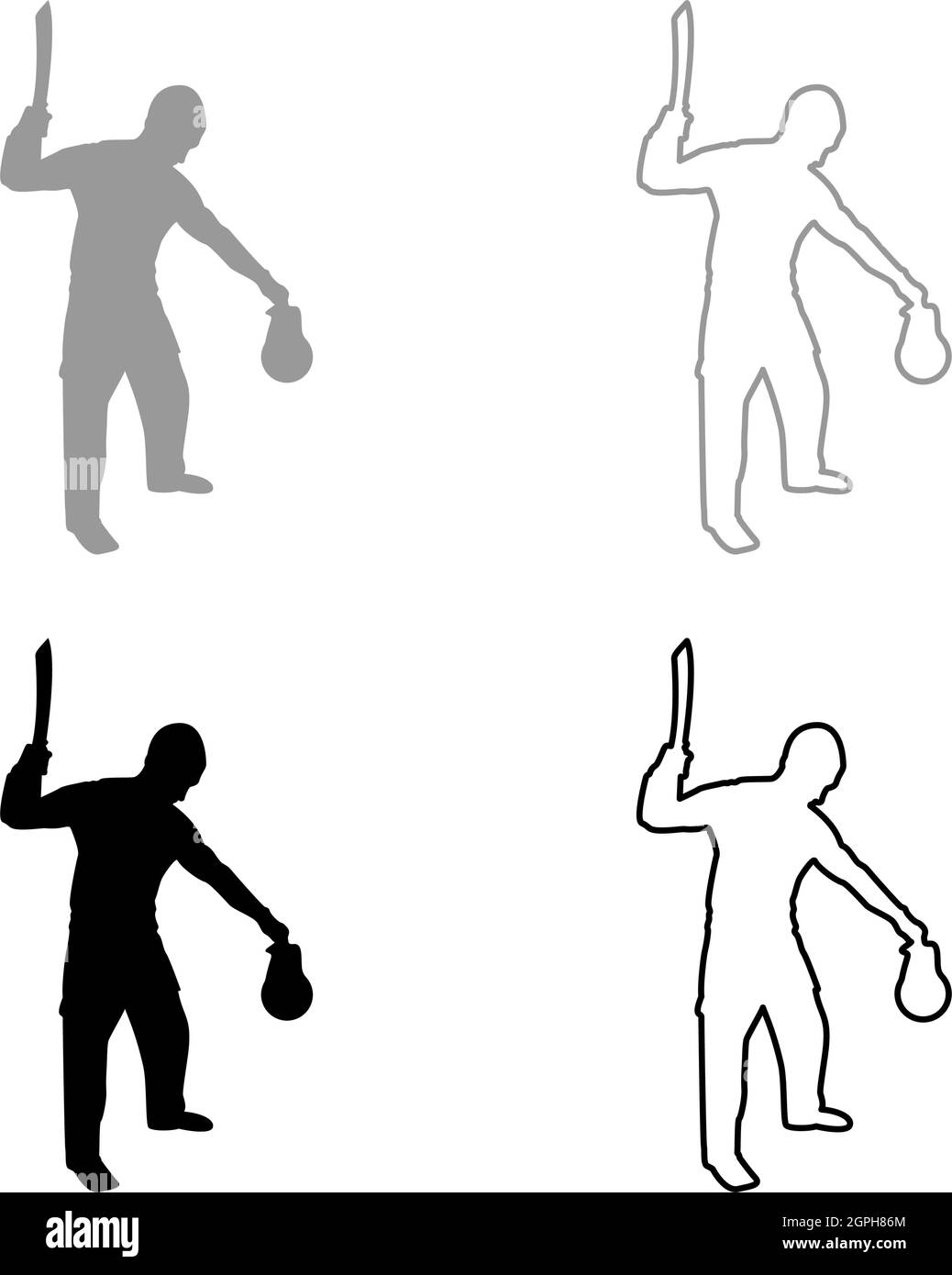 Homme avec une machette d'épée armes froides en main militaire Soldier Serviceman dans les positions Hunter avec le combat de couteau pose le défenseur puissant Warrior concept armes Stand tenant la chose silhouette gris noir vecteur de couleur illustration image de style de contour solide Illustration de Vecteur