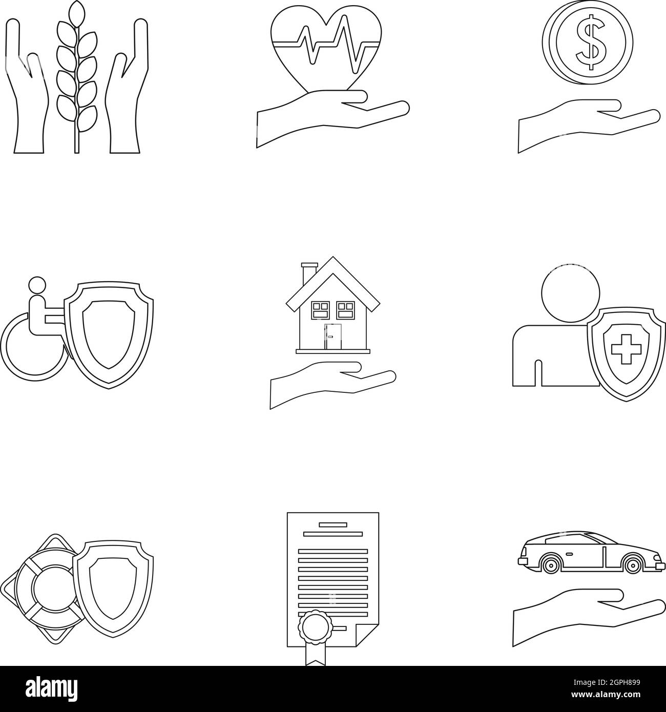 Icônes d'assurance définir style du contour, Illustration de Vecteur