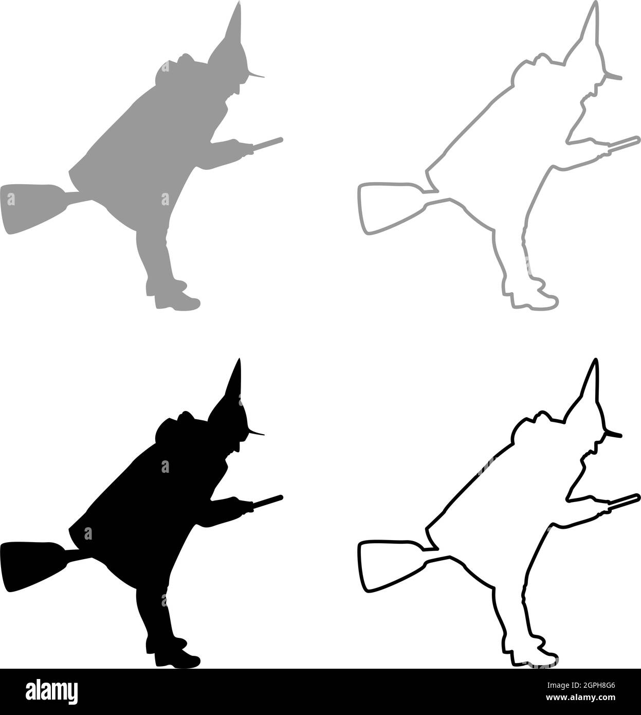 Fée Wizard Witch volant sur le sujet de balai pour Halloween concept silhouette gris noir couleur vecteur illustration image de style de contour plein Illustration de Vecteur