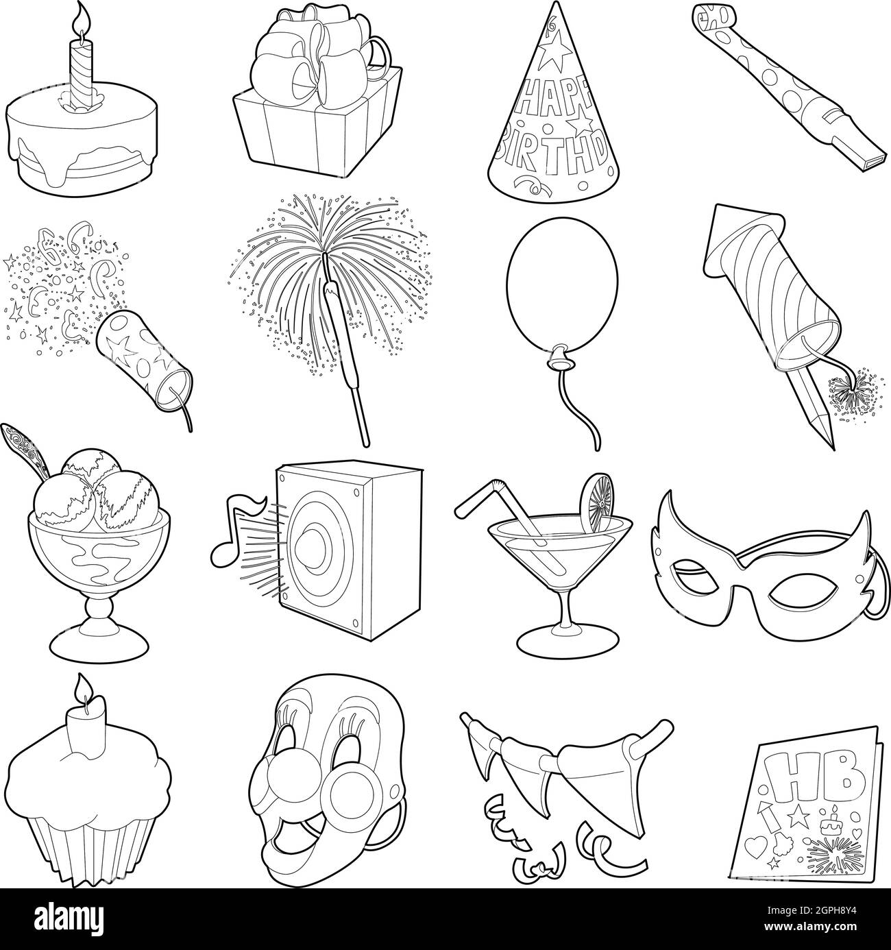 Joyeux anniversaire icons set, contour style cartoon Illustration de Vecteur Joyeux anniversaire icons set, contour style cartoon Illustration de Vecteur