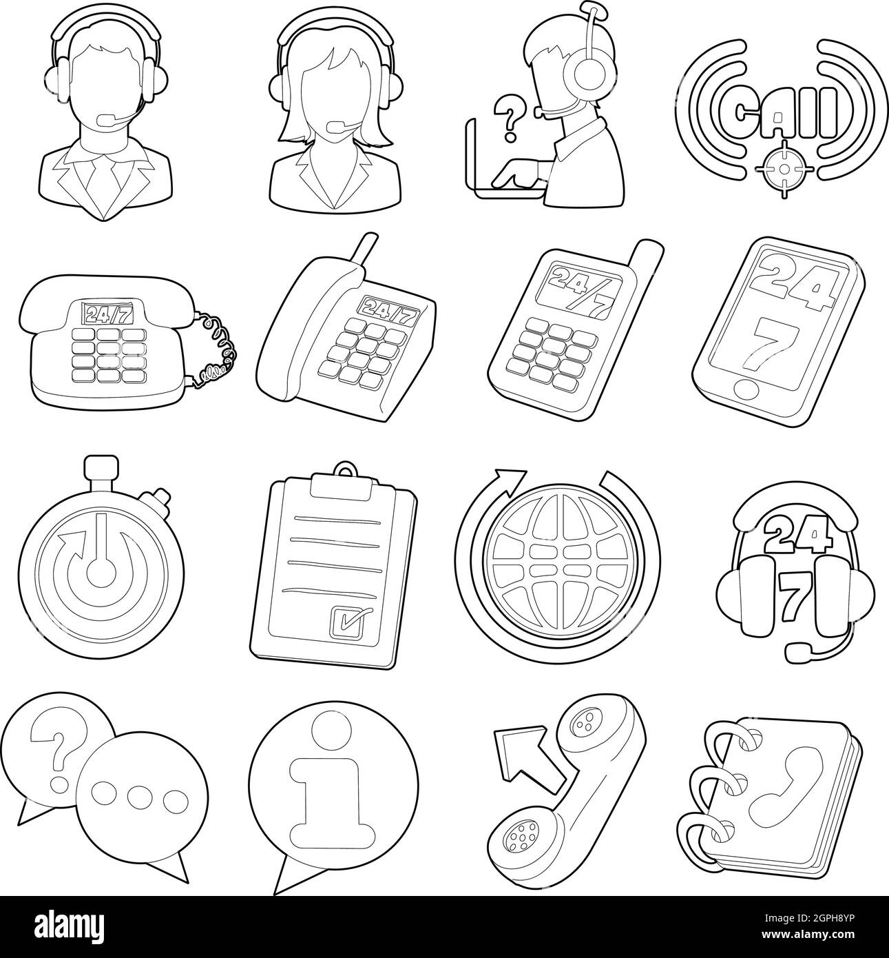 Articles Call center icons set, contour style cartoon Illustration de Vecteur