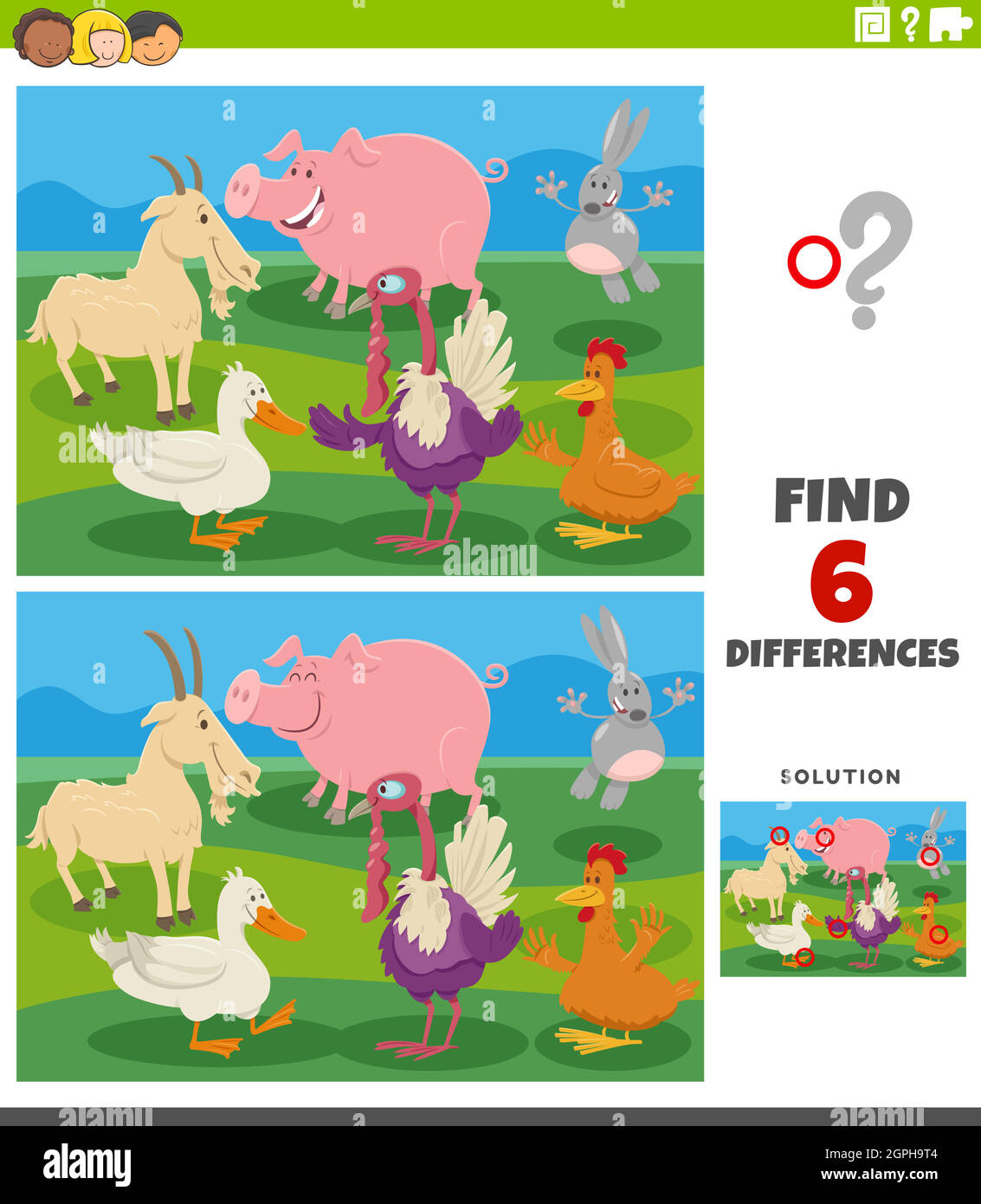 différences entre la tâche éducative et les animaux de la ferme de dessin animé Illustration de Vecteur