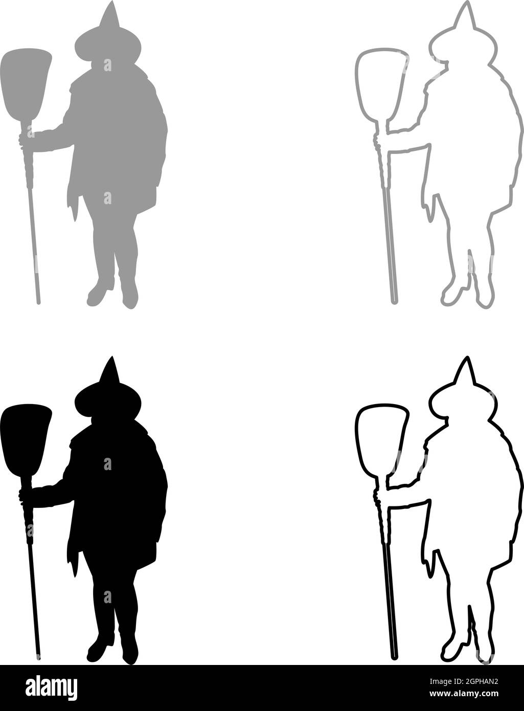 Fée Wizard Witch debout avec un sujet de balai pour Halloween concept silhouette gris noir couleur vecteur illustration image de style de contour plein Illustration de Vecteur