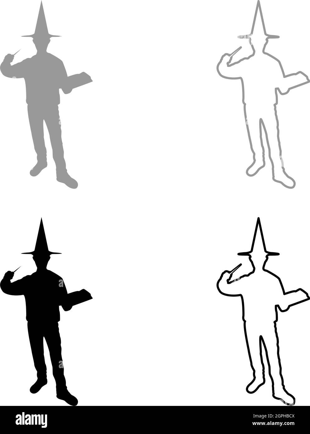 Le magicien tient la baguette magique livre d'astuce Waving Sorcery concept Magicien Sorcerer Fantasy personne Warlock homme en robe avec bâton magique Witchcraft en chapeau manteau Mage conjure idée mystère Enchantement silhouette gris noir couleur vecteur illustration contour solide Illustration de Vecteur