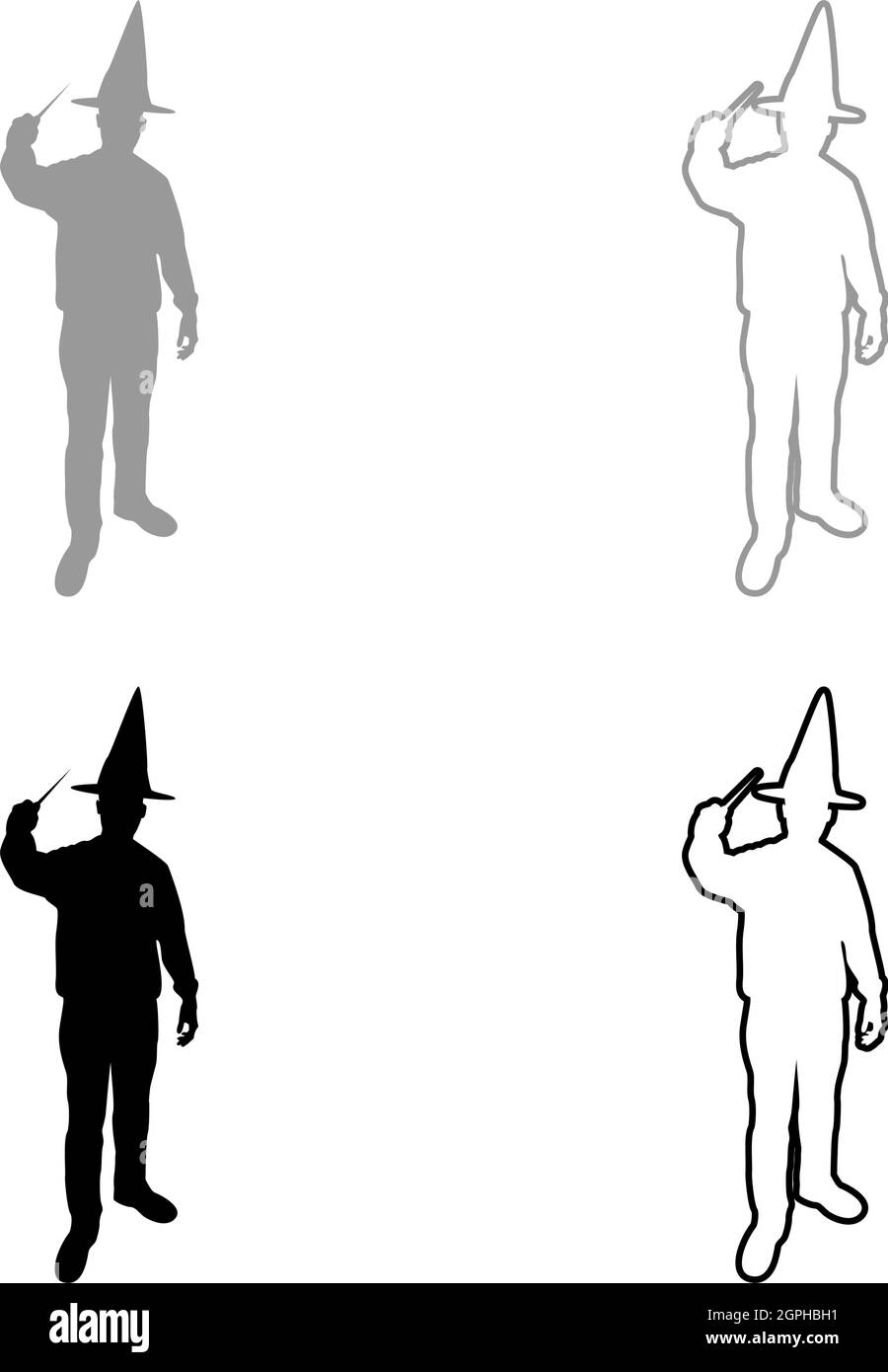 Le magicien tient la baguette magique astuce ondulant Sorcery concept Magicien Sorcerer Fantasy personne Warlock homme en robe avec bâton magique sorcellerie en chapeau manteau Mage conjure idée mystère Enchantement silhouette gris noir couleur vecteur illustration style Uni de contour Illustration de Vecteur