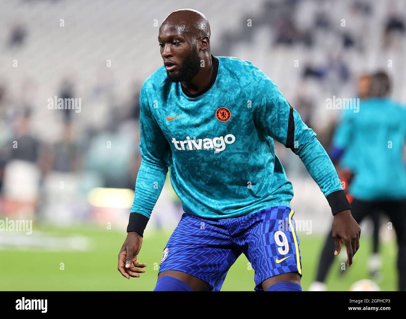 Le Romelu Lukaku de Chelsea s'échauffe avant le lancement de l'UEFA Champions League, match du groupe H à l'Allianz Stadium de Turin. Date de la photo: Mercredi 29 septembre 2021. Banque D'Images