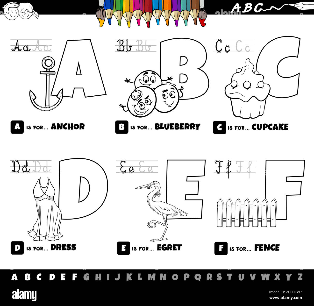 Lettres de l'alphabet de dessin animé éducatif ensemble de A à F page de livre de couleur Illustration de Vecteur