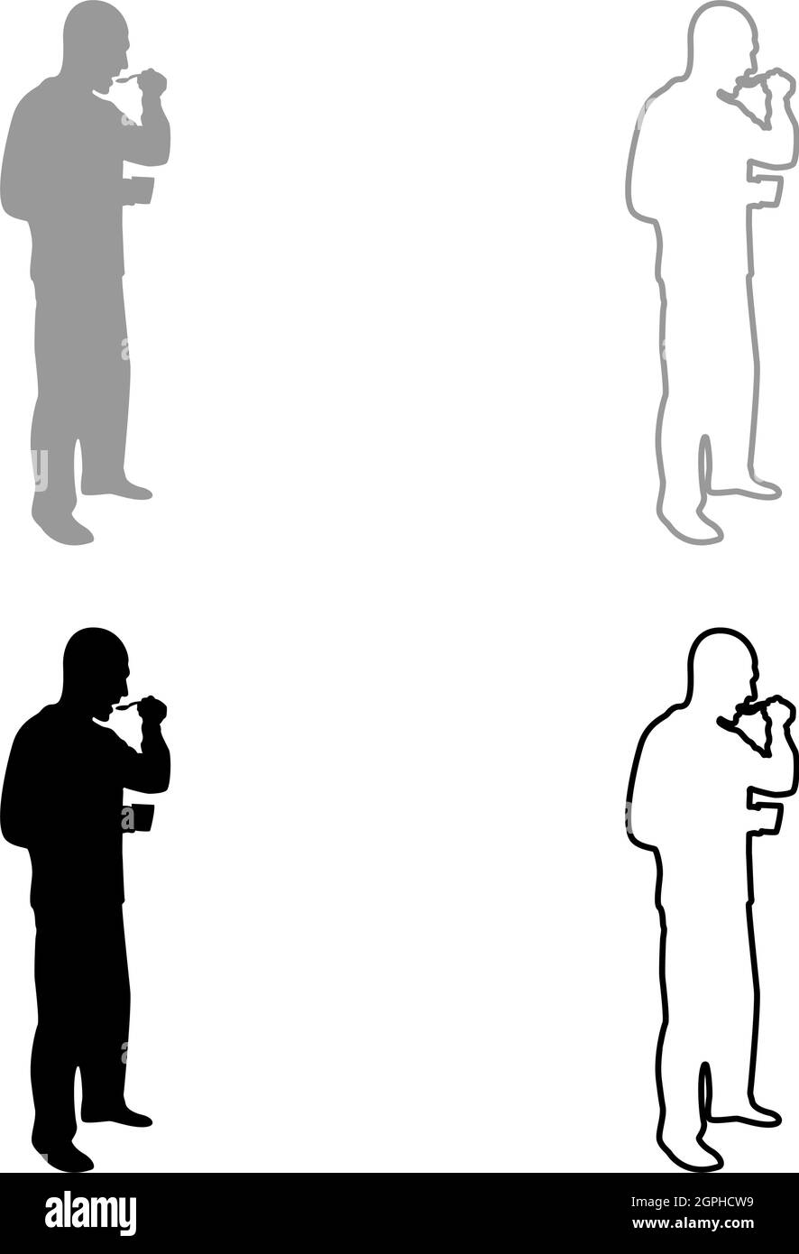 Homme essayant la nourriture de cuillère debout Tasting concept Gourmet essais plat Chef essayant silhouette gris noir vecteur couleur illustration image de style Uni de contour Illustration de Vecteur