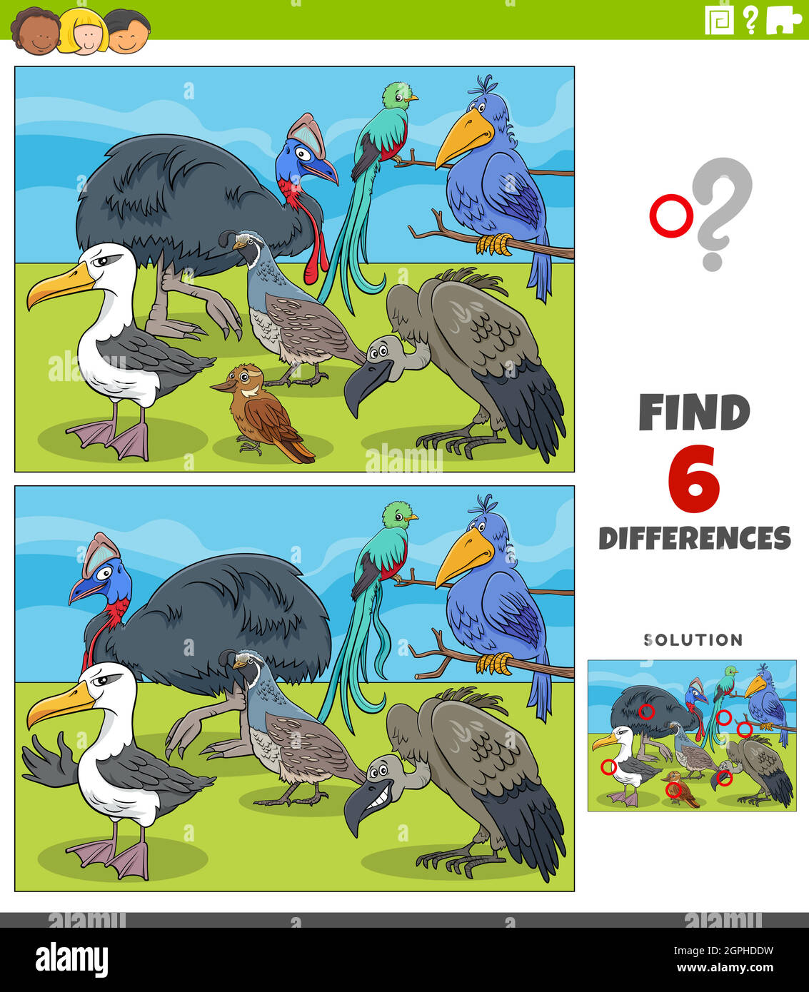 différences jeu éducatif avec les oiseaux de bande dessinée Illustration de Vecteur