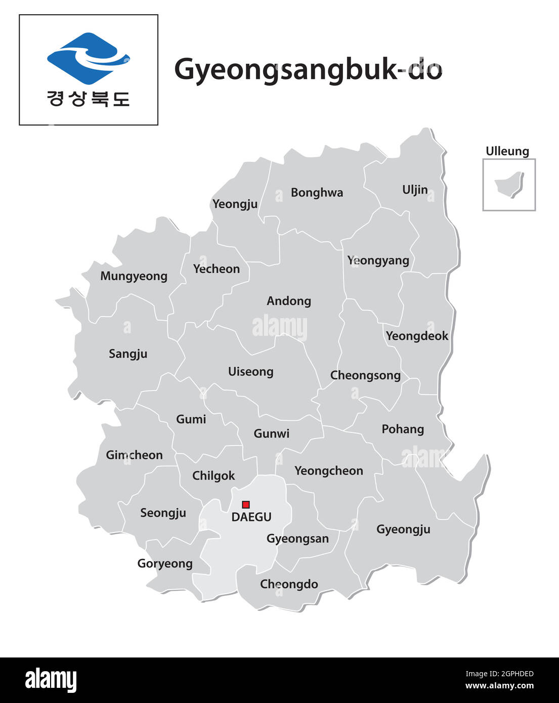 Carte vectorielle administrative de la province sud-coréenne de Gyeongsangbuk-do avec drapeau Illustration de Vecteur