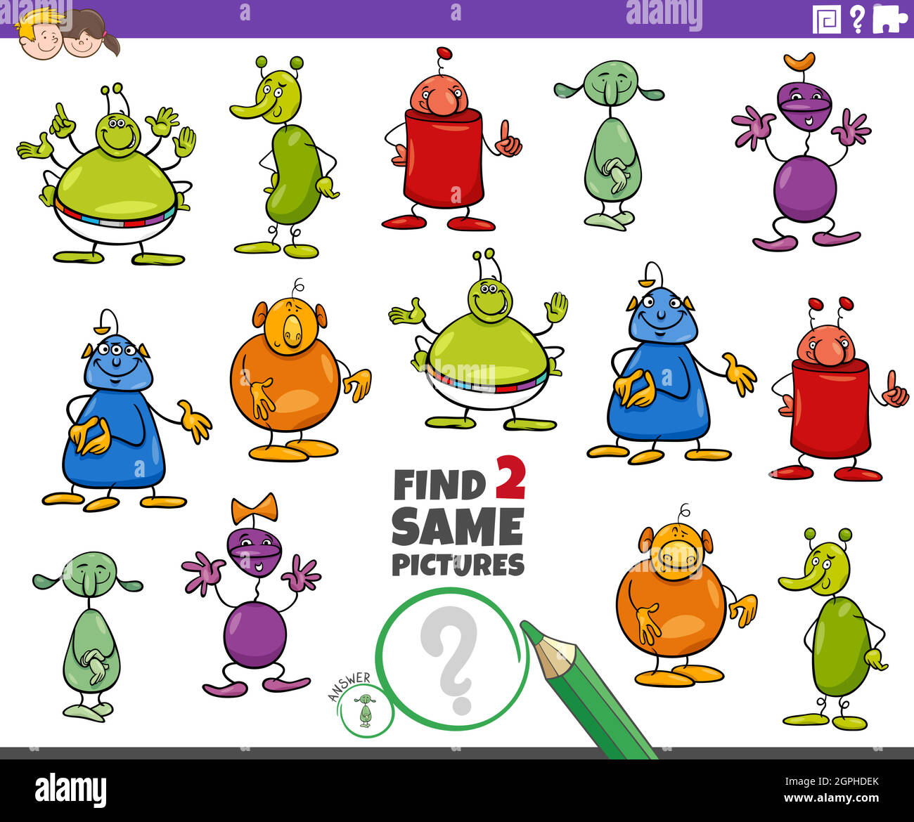 trouvez deux mêmes étrangers ou personnages weirdos jeu éducatif Illustration de Vecteur