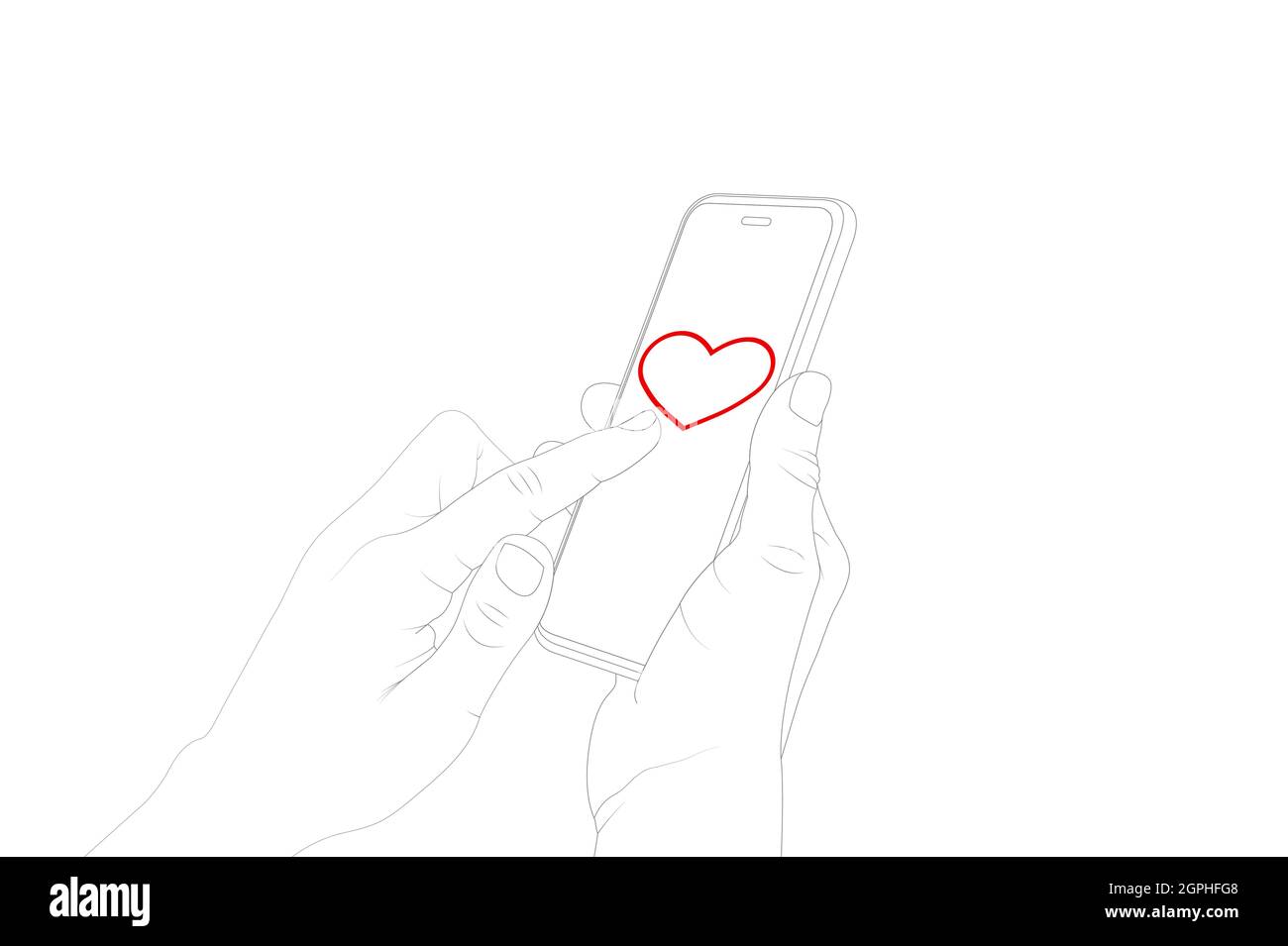 Envoi de coeur emoji avec le téléphone, flirt, symbole de coeur, main de femme envoi d'un message avec le téléphone. Illustration du stock vectoriel Illustration de Vecteur