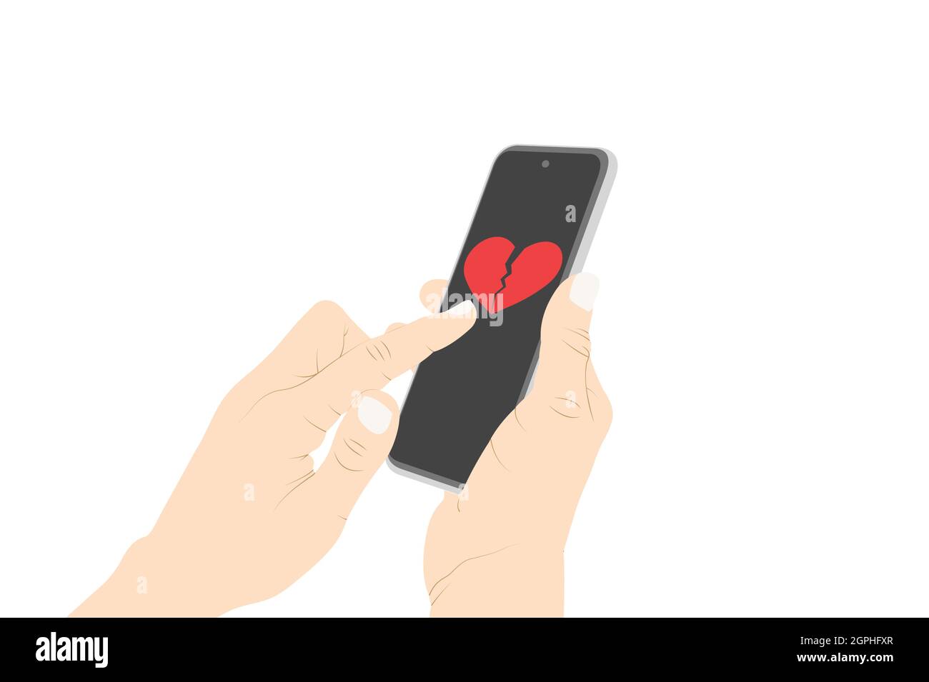 Envoi d'un émoji de coeur cassé avec le téléphone, flirt, symbole de coeur cassé, main de femme envoi d'un message avec le téléphone. Illustration du stock vectoriel Illustration de Vecteur