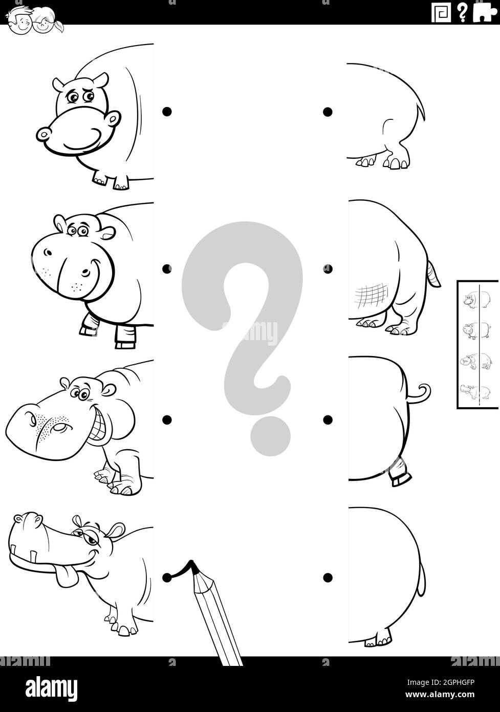 faire correspondre les moitiés de dessin animé hippopotame images coloriage livre page Illustration de Vecteur
