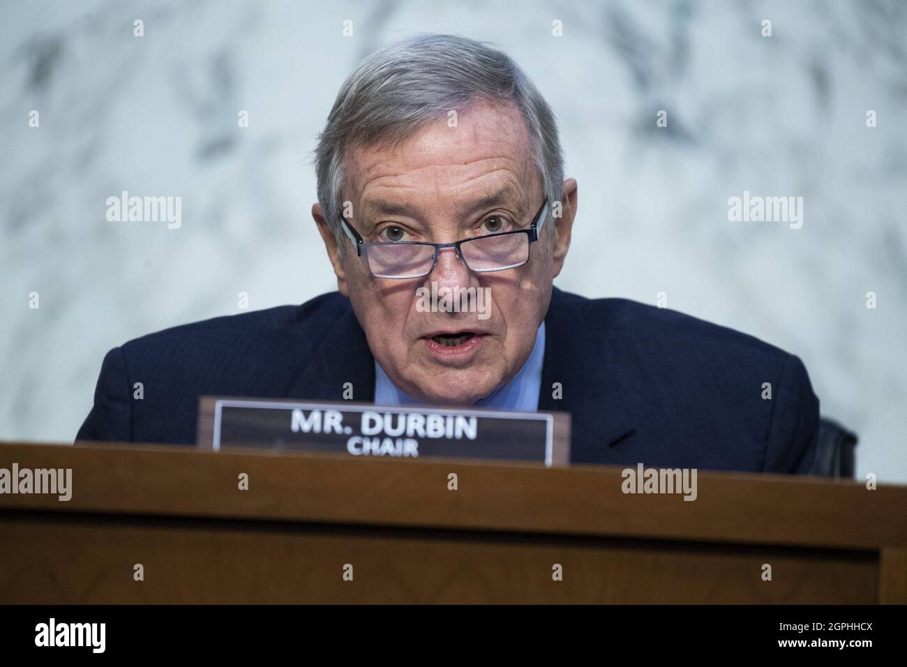 Washington, États-Unis. 29 septembre 2021. Le président Richard Durbin, D-Ill., assiste à l'audience de la Commission judiciaire du Sénat sur la nouvelle loi controversée sur l'avortement au Texas, dans le Hart Senate Office Building à Washington, DC, le mercredi 29 septembre 2021. Photo de piscine par Tom Williams/UPI crédit: UPI/Alay Live News Banque D'Images