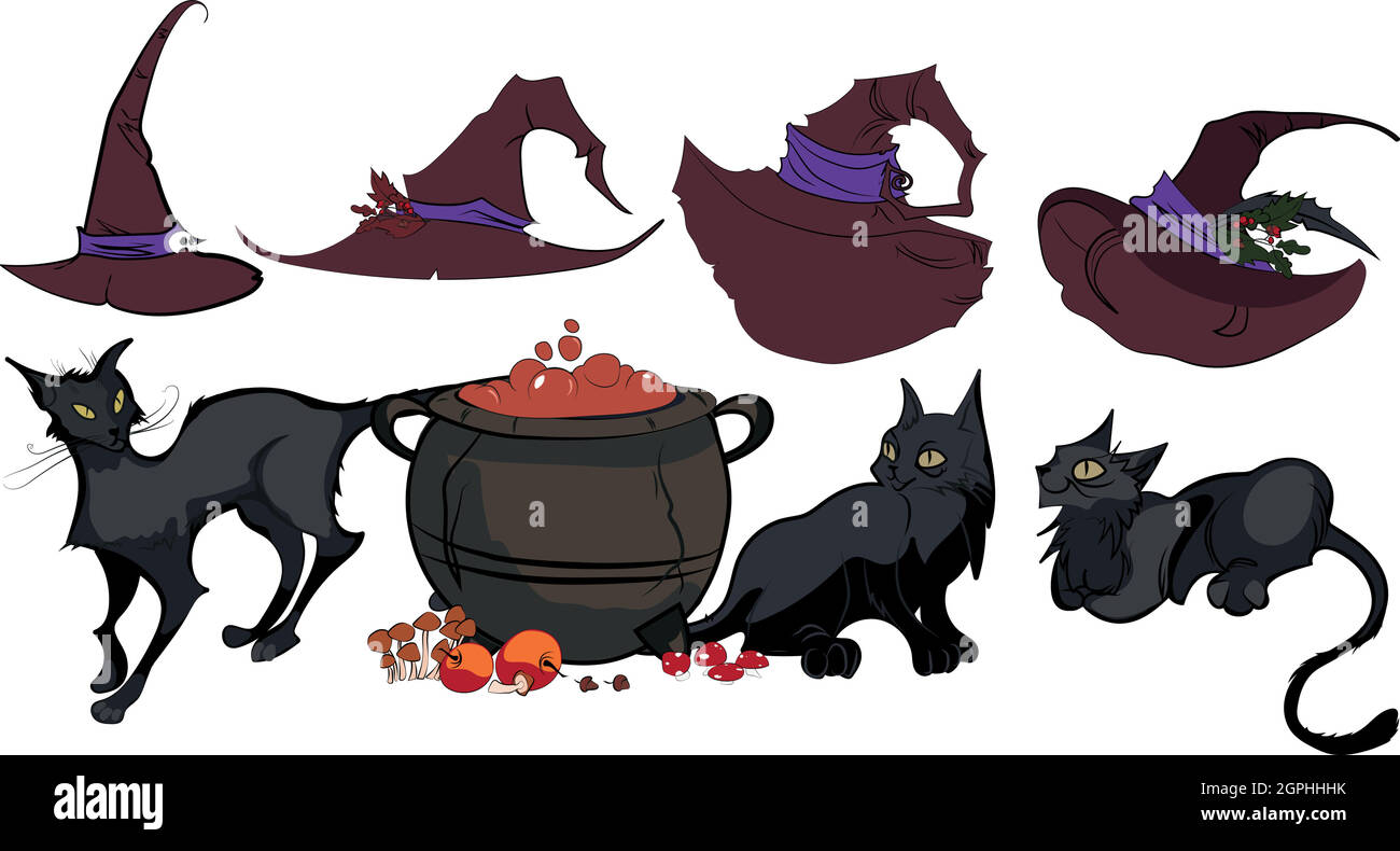 Ensemble de jolis chats noirs en chapeaux de sorcière. Animaux effrayants. Illustration de Vecteur